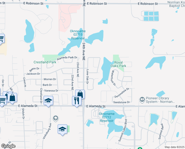 map of restaurants, bars, coffee shops, grocery stores, and more near 2416 Arbor Drive in Norman