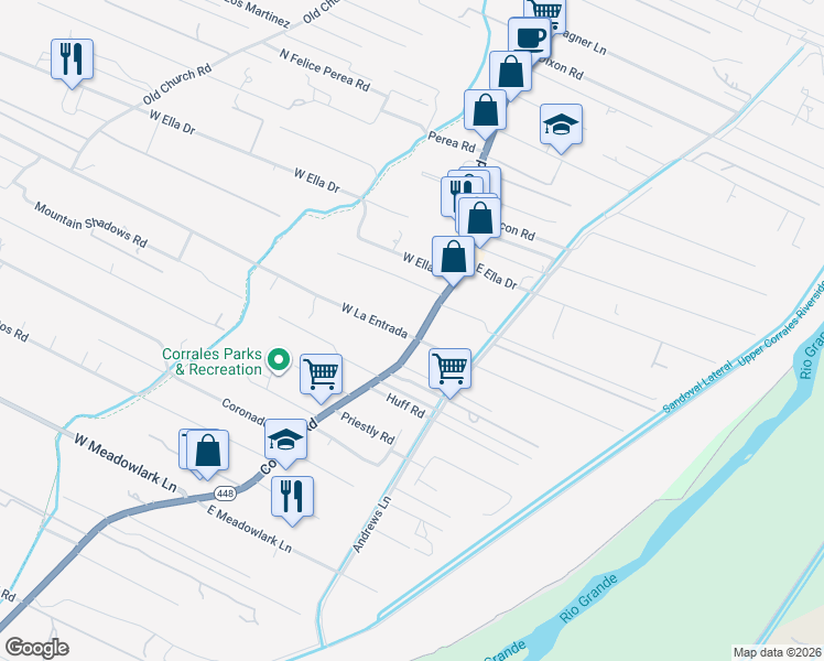 map of restaurants, bars, coffee shops, grocery stores, and more near 4313 Corrales Road in Corrales