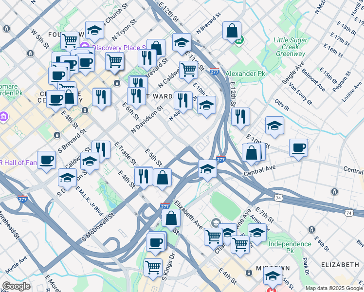 map of restaurants, bars, coffee shops, grocery stores, and more near 820 East 7th Street in Charlotte