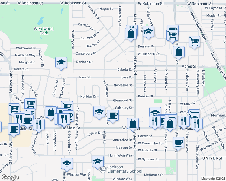 map of restaurants, bars, coffee shops, grocery stores, and more near 1406 Nebraska Street in Norman