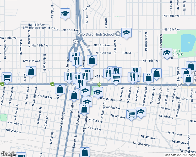 map of restaurants, bars, coffee shops, grocery stores, and more near 600-698 Northeast 9th Avenue in Amarillo