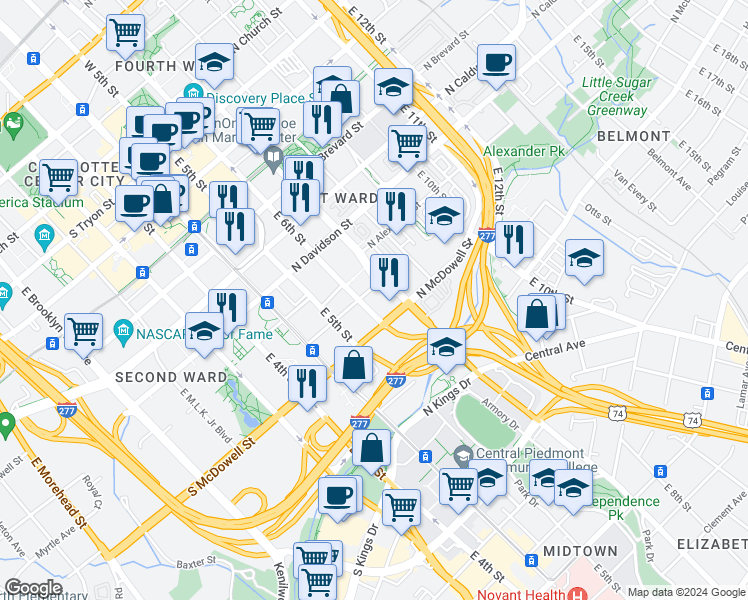 map of restaurants, bars, coffee shops, grocery stores, and more near 105 North Myers Street in Charlotte