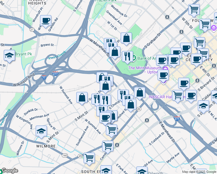 map of restaurants, bars, coffee shops, grocery stores, and more near 1100 South Mint Street in Charlotte