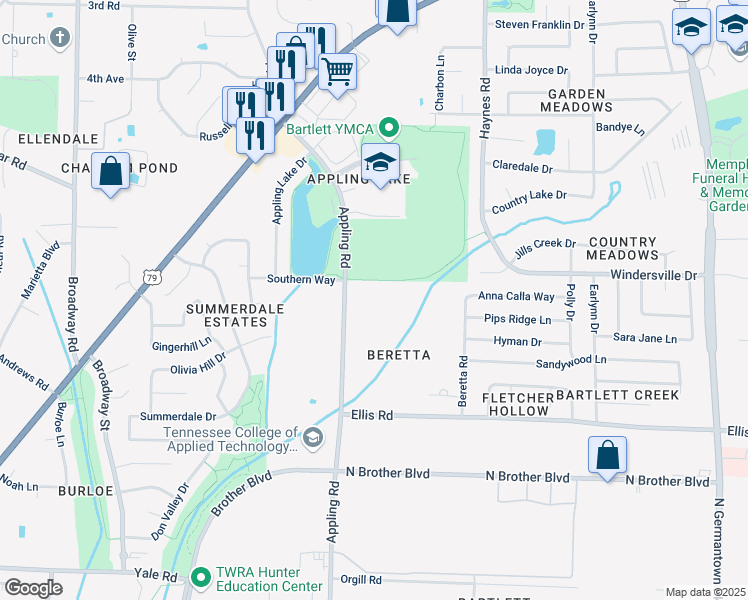 map of restaurants, bars, coffee shops, grocery stores, and more near 3568 Appling Road in Bartlett