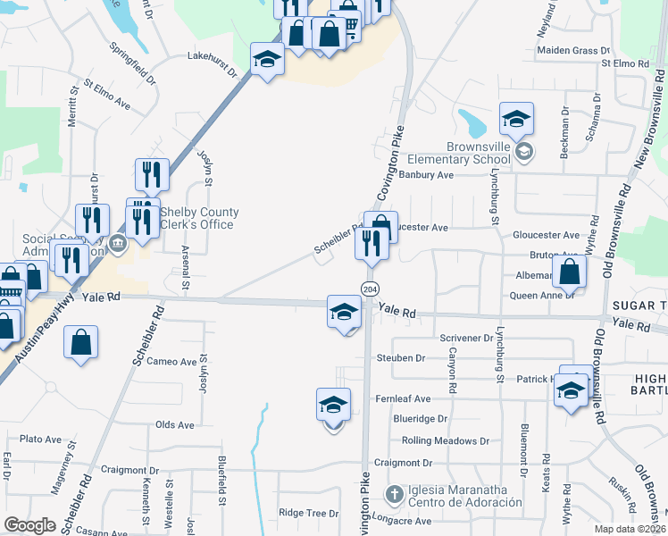 map of restaurants, bars, coffee shops, grocery stores, and more near 5013 Scheibler Road in Memphis