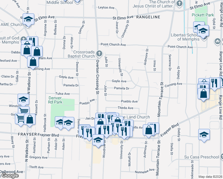 map of restaurants, bars, coffee shops, grocery stores, and more near 2176 Pamela Drive in Memphis