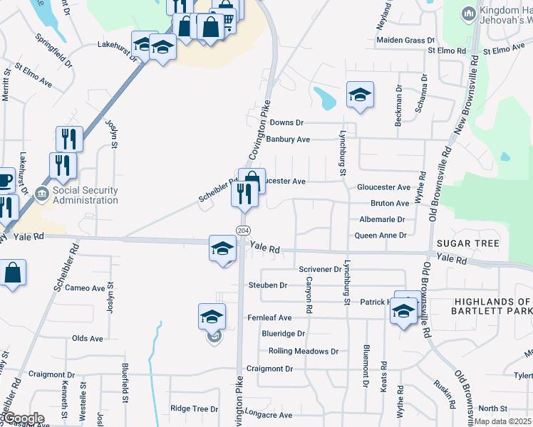 map of restaurants, bars, coffee shops, grocery stores, and more near 5115 Bruton Avenue in Memphis