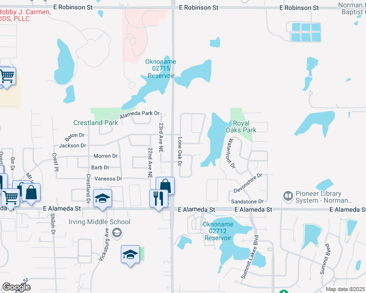 map of restaurants, bars, coffee shops, grocery stores, and more near 2404 Arbor Drive in Norman