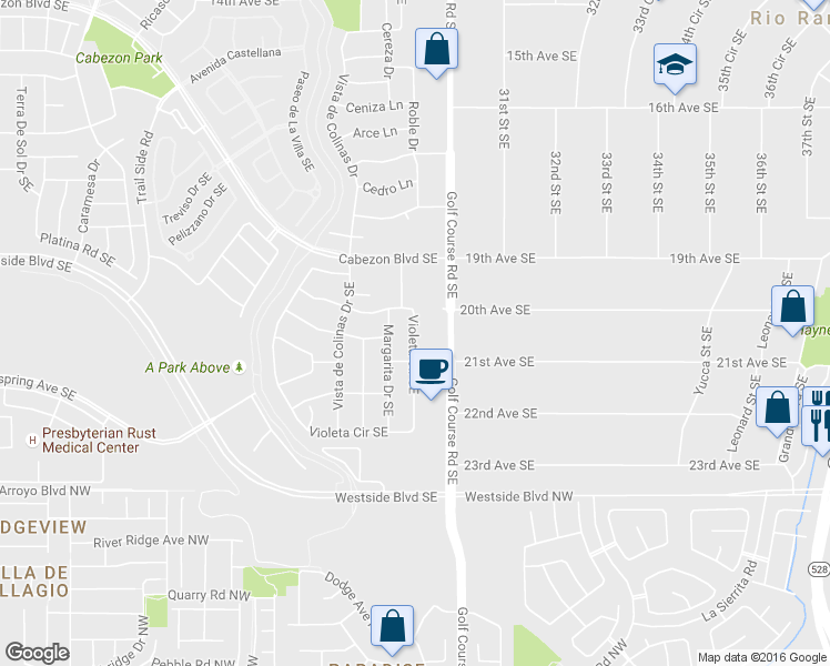 map of restaurants, bars, coffee shops, grocery stores, and more near 2917 Violeta Circle Southeast in Rio Rancho