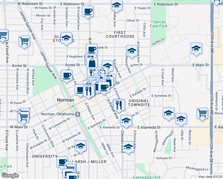 map of restaurants, bars, coffee shops, grocery stores, and more near 411 East Main Street in Norman