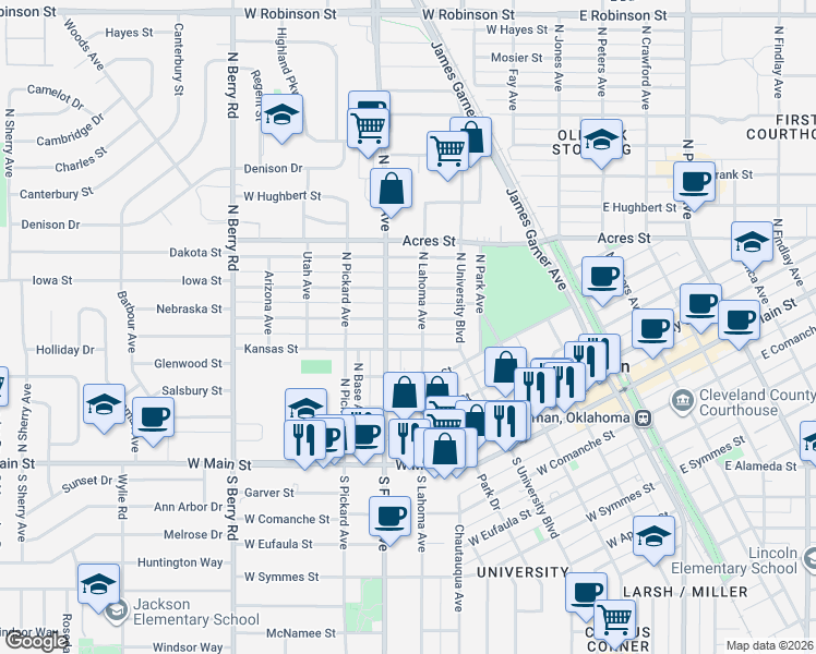 map of restaurants, bars, coffee shops, grocery stores, and more near 512 Nebraska Street in Norman