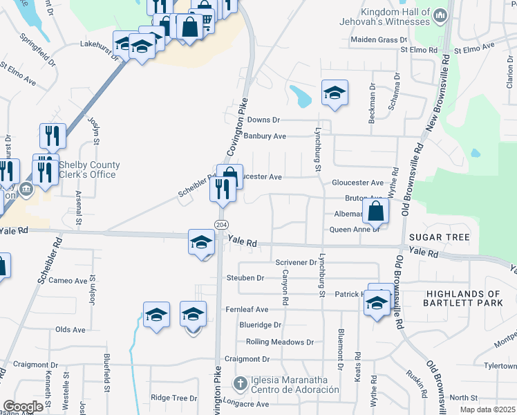 map of restaurants, bars, coffee shops, grocery stores, and more near 5133 Bruton Avenue in Memphis