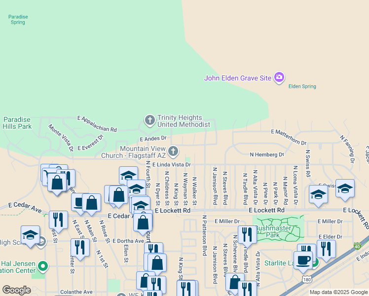 map of restaurants, bars, coffee shops, grocery stores, and more near 2241 East Forest Heights Drive in Flagstaff