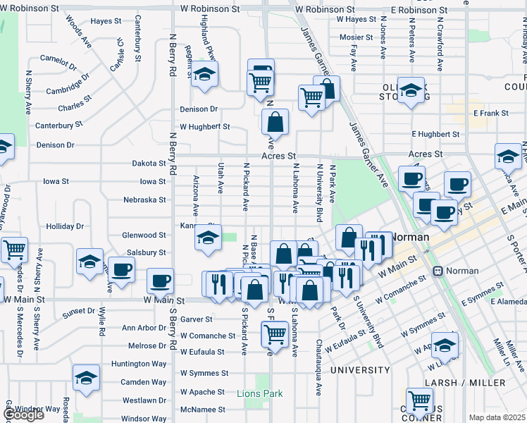 map of restaurants, bars, coffee shops, grocery stores, and more near 606 Nebraska Street in Norman