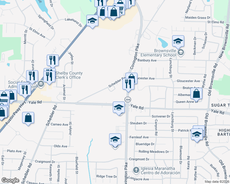 map of restaurants, bars, coffee shops, grocery stores, and more near 5013 Scheibler Road in Memphis