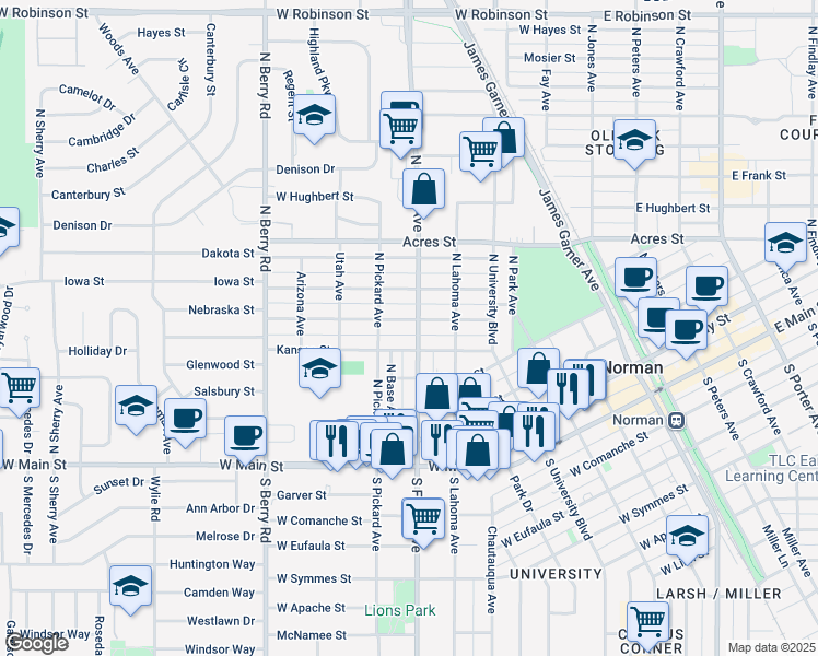 map of restaurants, bars, coffee shops, grocery stores, and more near 606 Nebraska Street in Norman