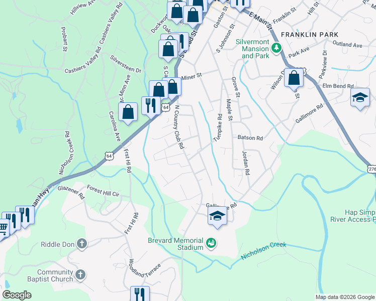map of restaurants, bars, coffee shops, grocery stores, and more near 233 North Country Club Road in Brevard