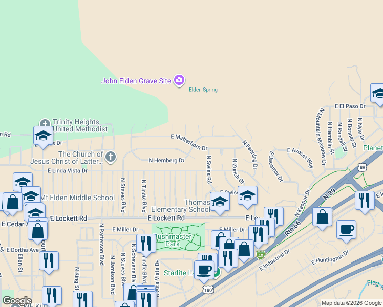 map of restaurants, bars, coffee shops, grocery stores, and more near 3879 North Steves Boulevard in Flagstaff