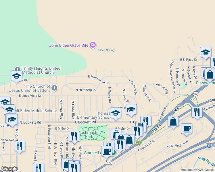 map of restaurants, bars, coffee shops, grocery stores, and more near 3987 North Swiss Road in Flagstaff