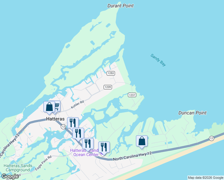 map of restaurants, bars, coffee shops, grocery stores, and more near 57091 Kohler Drive in Hatteras