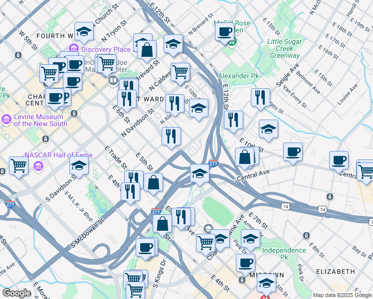 map of restaurants, bars, coffee shops, grocery stores, and more near 412 North McDowell Street in Charlotte