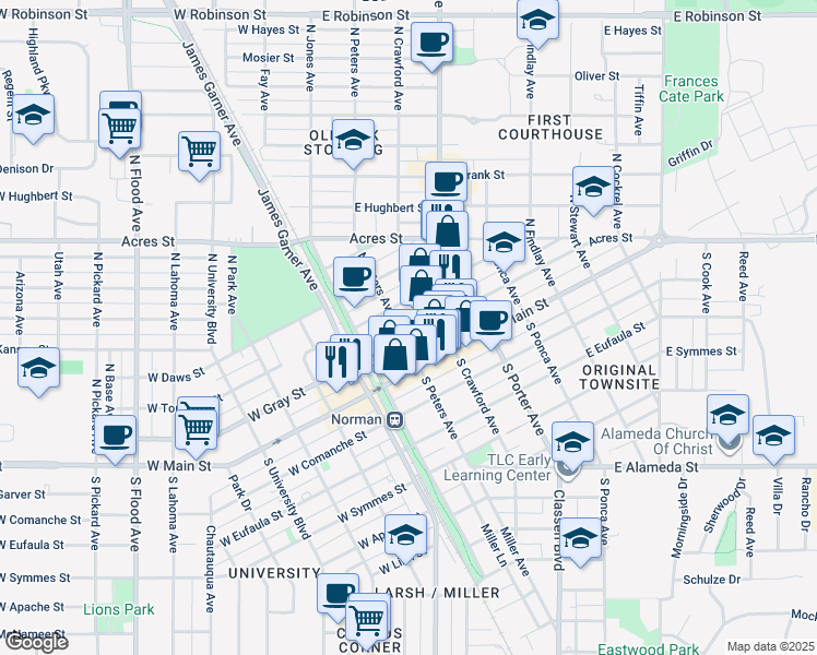 map of restaurants, bars, coffee shops, grocery stores, and more near 220 North Peters Avenue in Norman