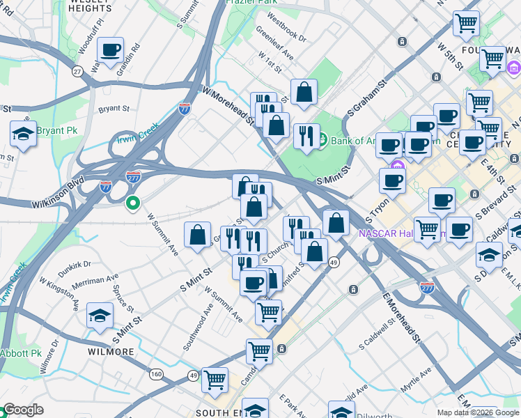 map of restaurants, bars, coffee shops, grocery stores, and more near in Charlotte