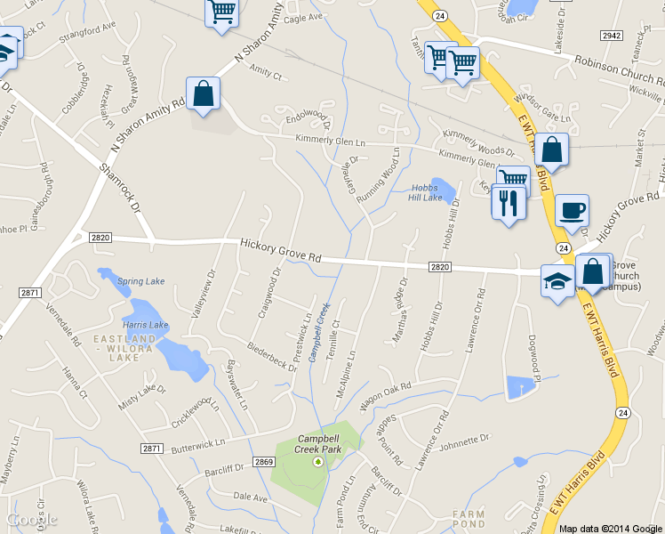 map of restaurants, bars, coffee shops, grocery stores, and more near 5508 Hickory Grove Road in Charlotte