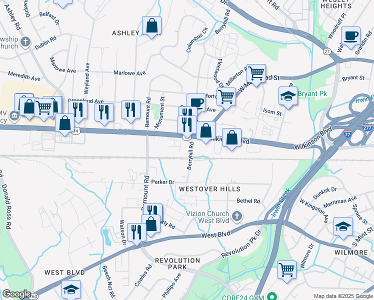 map of restaurants, bars, coffee shops, grocery stores, and more near 2220 Berryhill Road in Charlotte