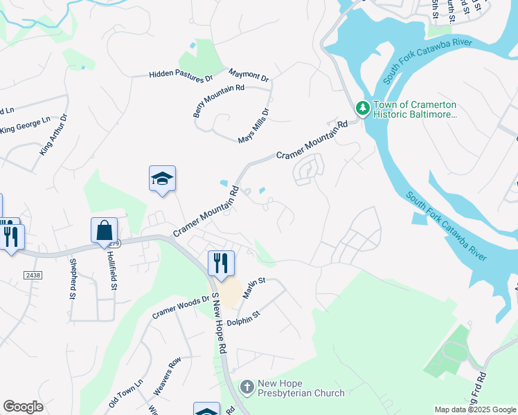 map of restaurants, bars, coffee shops, grocery stores, and more near 5427 Anderson Court in Cramerton