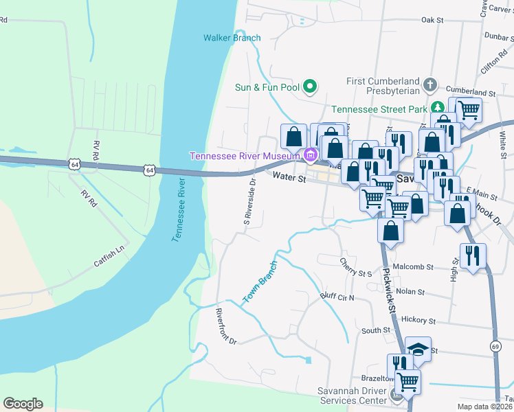 map of restaurants, bars, coffee shops, grocery stores, and more near 90 South Riverside Drive in Savannah