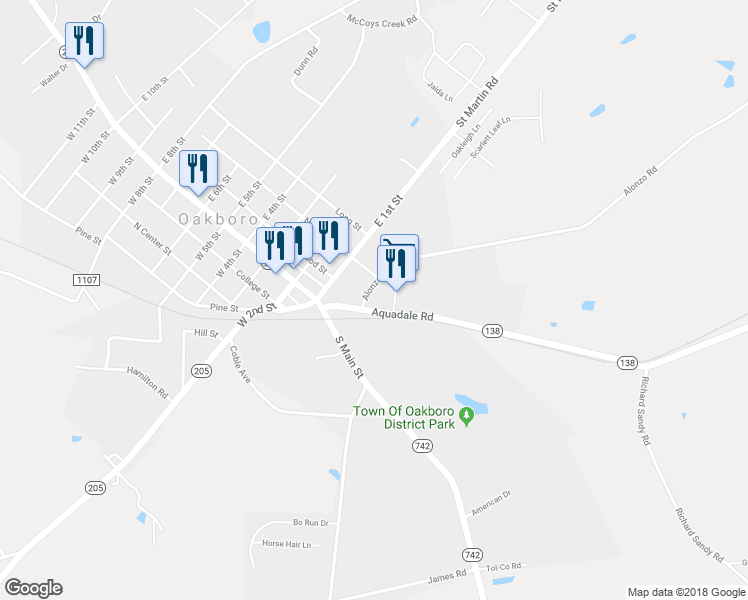 map of restaurants, bars, coffee shops, grocery stores, and more near 209 Aquadale Road in Oakboro