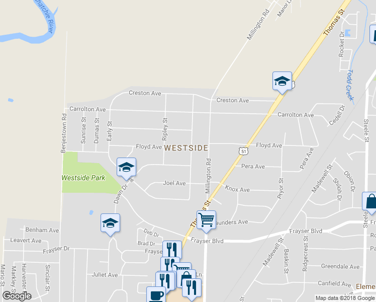 map of restaurants, bars, coffee shops, grocery stores, and more near 1013 Floyd Avenue in Memphis
