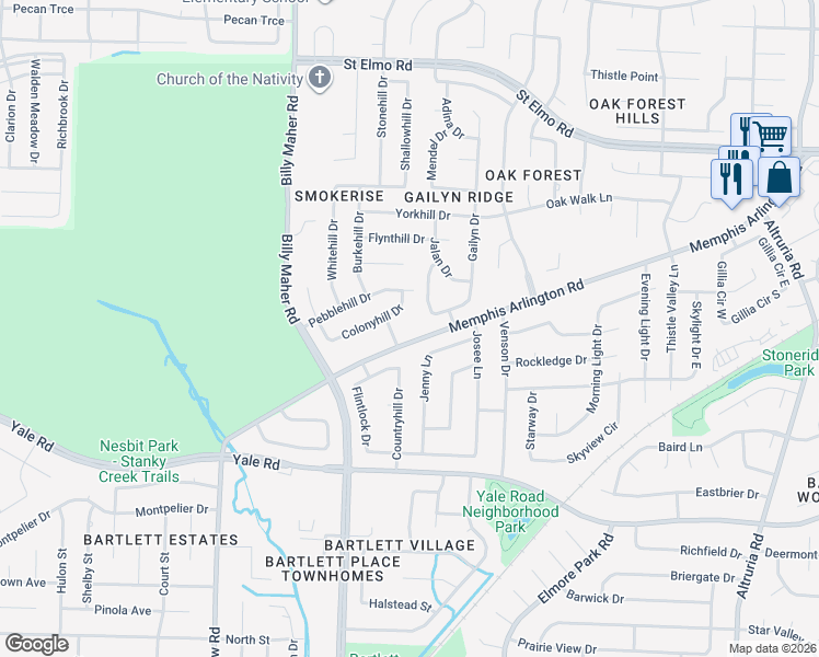 map of restaurants, bars, coffee shops, grocery stores, and more near 6090 Memphis Arlington Road in Memphis