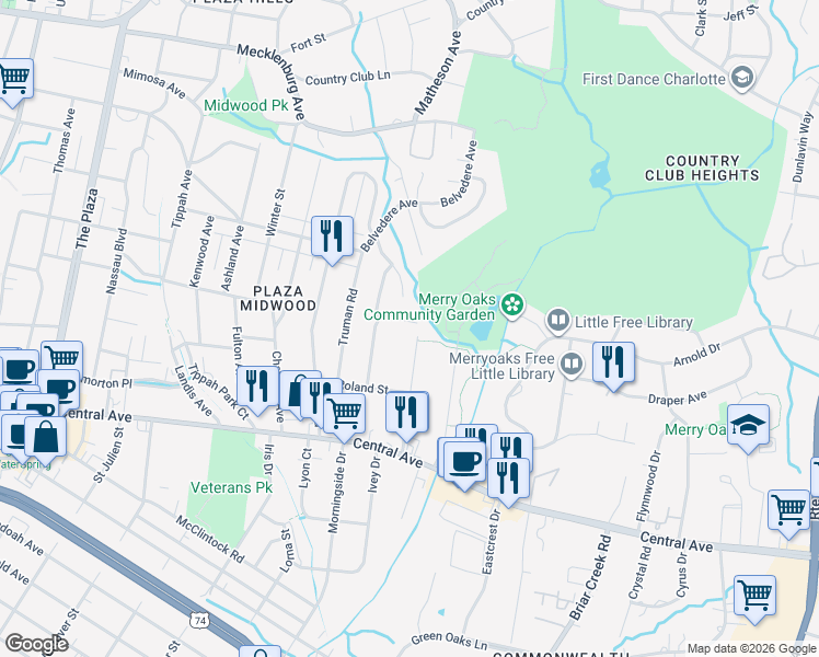 map of restaurants, bars, coffee shops, grocery stores, and more near 1928 Dearmon Drive in Charlotte