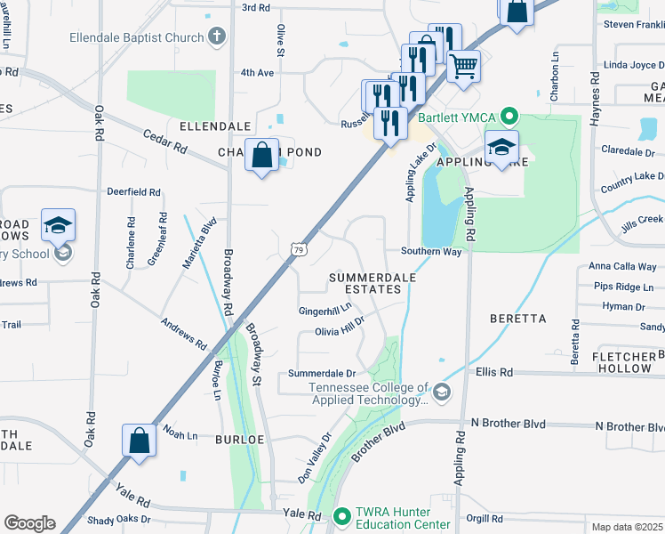 map of restaurants, bars, coffee shops, grocery stores, and more near 7490 Overcreek Lane in Memphis