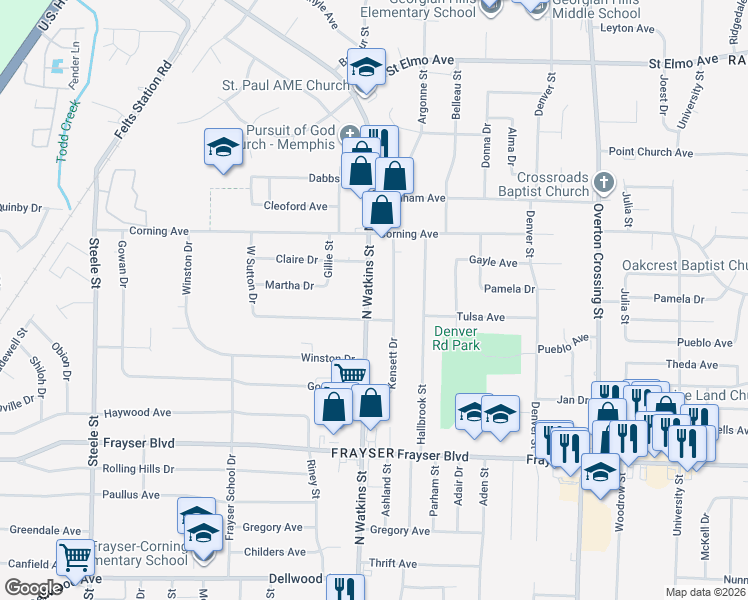 map of restaurants, bars, coffee shops, grocery stores, and more near 3560 North Watkins Street in Memphis