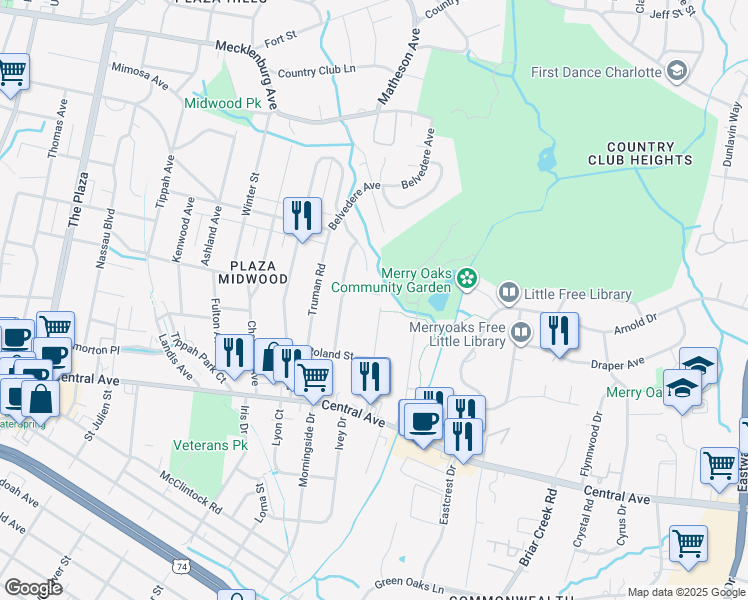 map of restaurants, bars, coffee shops, grocery stores, and more near 1940 Dearmon Drive in Charlotte