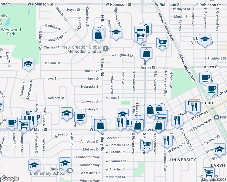 map of restaurants, bars, coffee shops, grocery stores, and more near 870 Nebraska Street in Norman