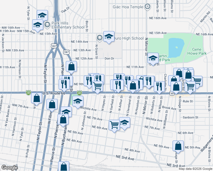 map of restaurants, bars, coffee shops, grocery stores, and more near 811 North Garfield Street in Amarillo