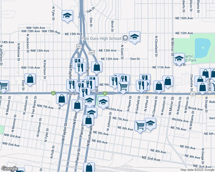 map of restaurants, bars, coffee shops, grocery stores, and more near 600-698 Northeast 9th Avenue in Amarillo