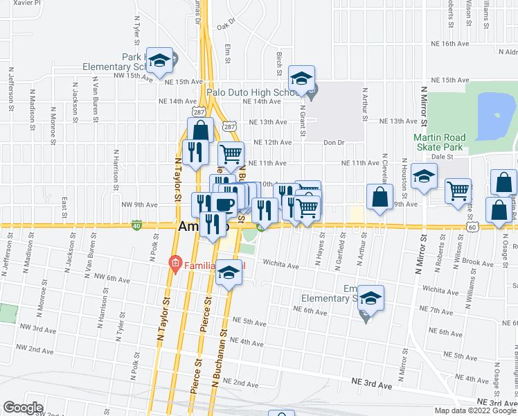 map of restaurants, bars, coffee shops, grocery stores, and more near 600-698 Northeast 9th Avenue in Amarillo
