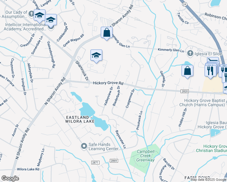 map of restaurants, bars, coffee shops, grocery stores, and more near 2523 Valleyview Drive in Charlotte