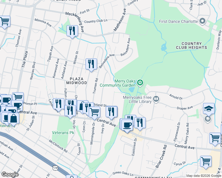map of restaurants, bars, coffee shops, grocery stores, and more near 1908 Dearmon Drive in Charlotte