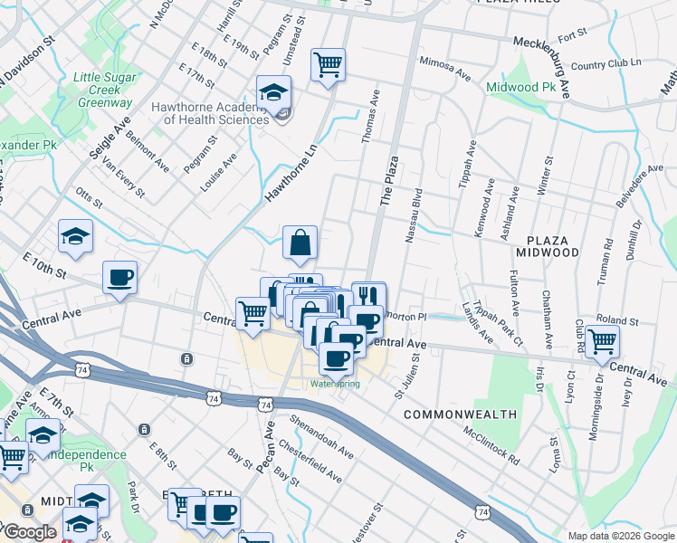 map of restaurants, bars, coffee shops, grocery stores, and more near 1500 Thomas Avenue in Charlotte
