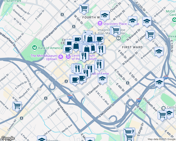 map of restaurants, bars, coffee shops, grocery stores, and more near 300 South Brevard Street in Charlotte