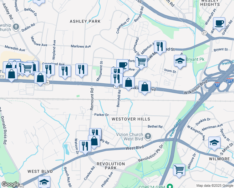 map of restaurants, bars, coffee shops, grocery stores, and more near 2326-2388 Berryhill Rd in Charlotte