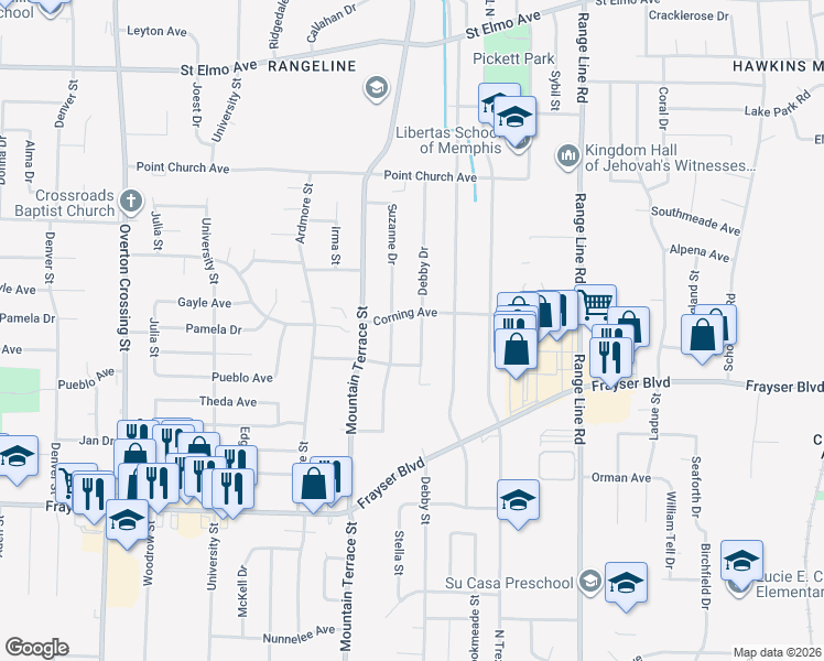 map of restaurants, bars, coffee shops, grocery stores, and more near 3563 Debby Drive in Memphis