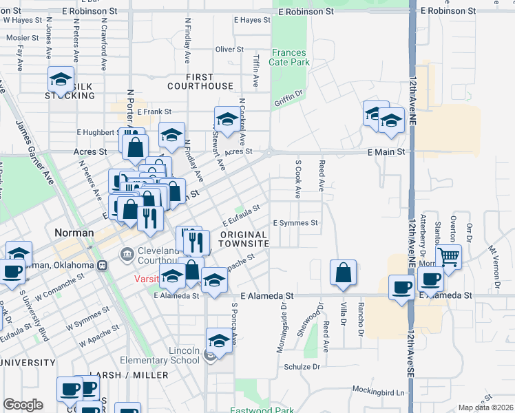 map of restaurants, bars, coffee shops, grocery stores, and more near 728 East Eufaula Street in Norman
