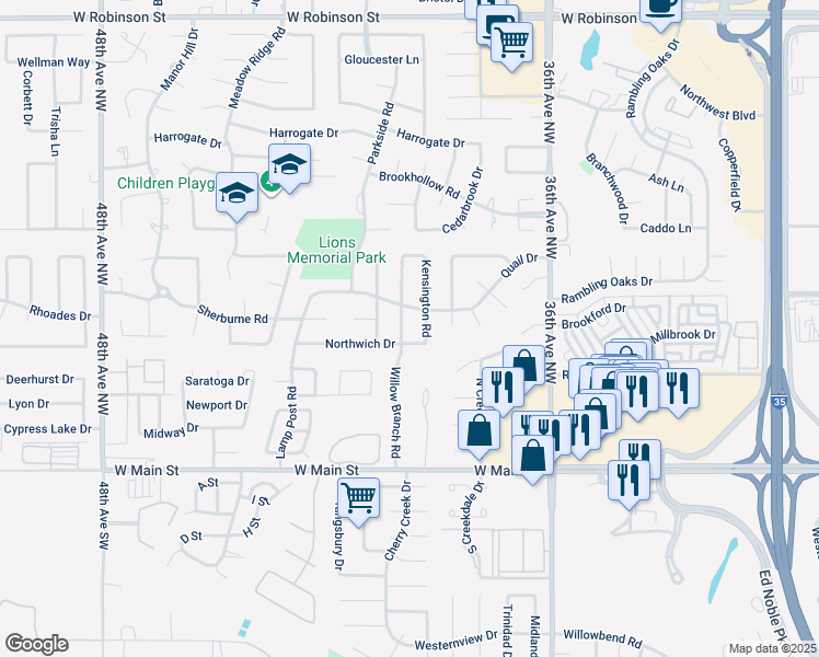 map of restaurants, bars, coffee shops, grocery stores, and more near 409 Willow Branch Road in Norman